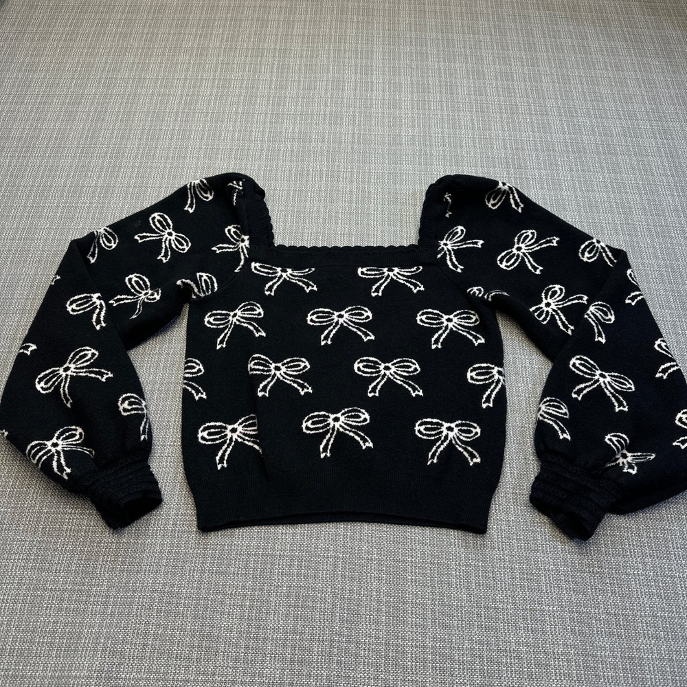 Coquette Bow Knit Top Puff Sleeve‎ Square Neck Cropped Sweater Large Black